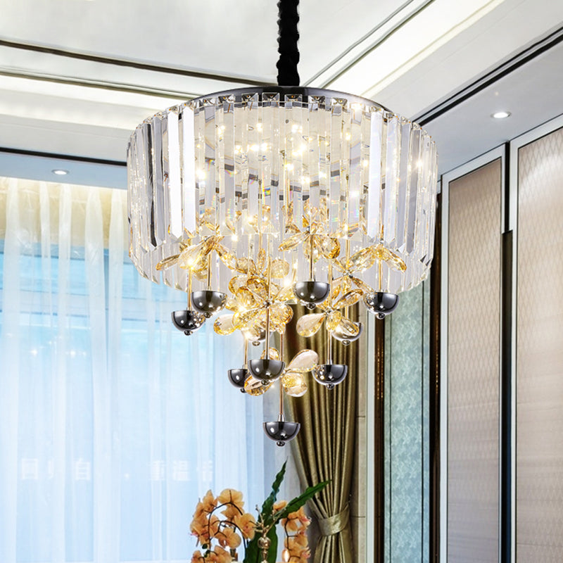 Strip Crystal LED Hanging Chandelier Contemporary Clear Drum Living Room Drop Lamp with Inner Flower Branch Decor Clear Clearhalo 'Ceiling Lights' 'Chandeliers' Lighting' options 923875_ccd733bc-f4c8-4353-a603-268f2fab6b89