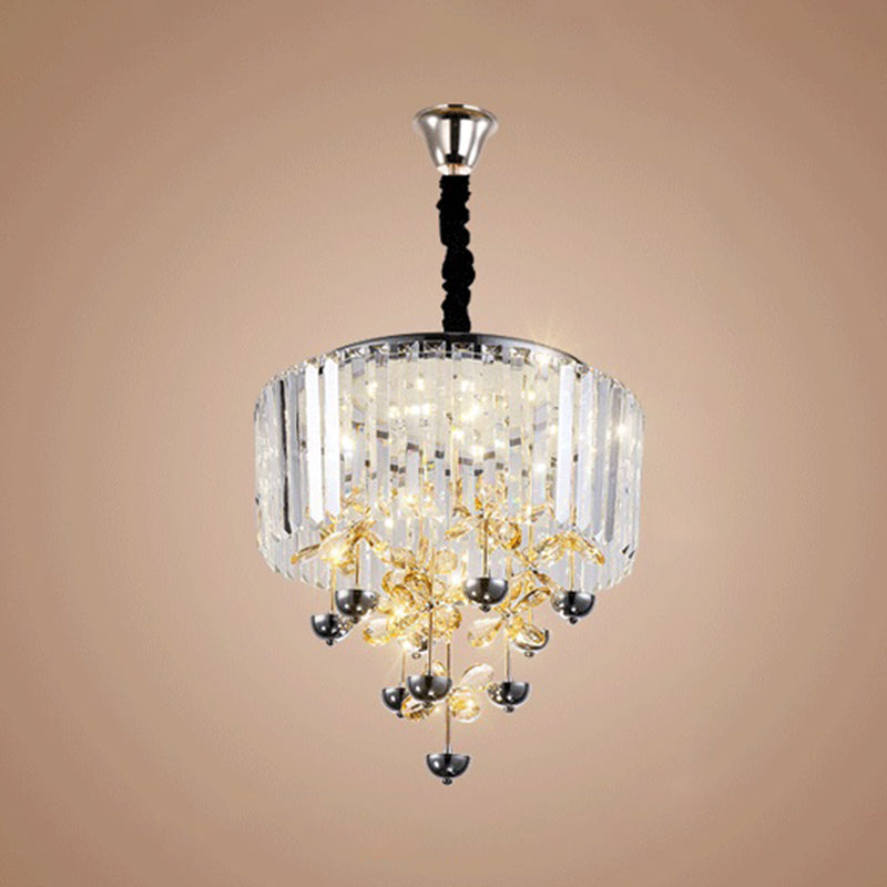 Strip Crystal LED Hanging Chandelier Contemporary Clear Drum Living Room Drop Lamp with Inner Flower Branch Decor Clearhalo 'Ceiling Lights' 'Chandeliers' Lighting' options 923877