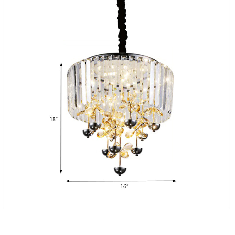 Strip Crystal LED Hanging Chandelier Contemporary Clear Drum Living Room Drop Lamp with Inner Flower Branch Decor Clearhalo 'Ceiling Lights' 'Chandeliers' Lighting' options 923878