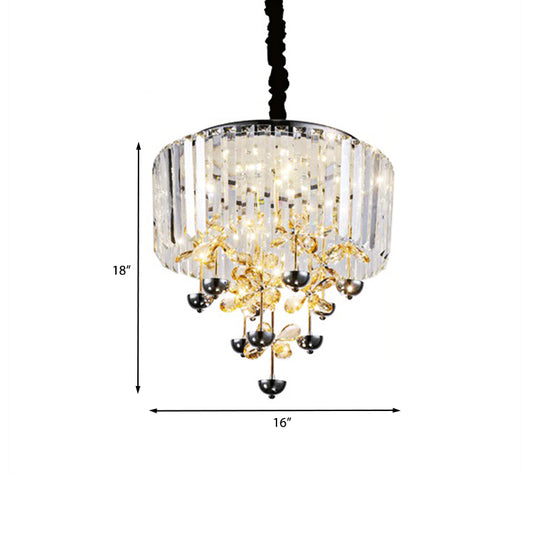 Strip Crystal LED Hanging Chandelier Contemporary Clear Drum Living Room Drop Lamp with Inner Flower Branch Decor Clearhalo 'Ceiling Lights' 'Chandeliers' Lighting' options 923878