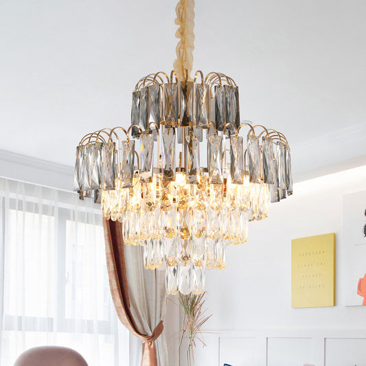 10-Light Tiered Tapered Pendant Lamp Postmodern Clear Beveled Crystal Chandelier Lighting Clearhalo 'Ceiling Lights' 'Chandeliers' Lighting' options 923879