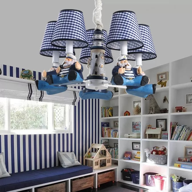 Nautical Style Captain Chandelier with Plaid Shade Metal 5 Lights Blue Pendant Light for Kids Bedroom Clearhalo 'Ceiling Lights' 'Chandeliers' Lighting' options 92388