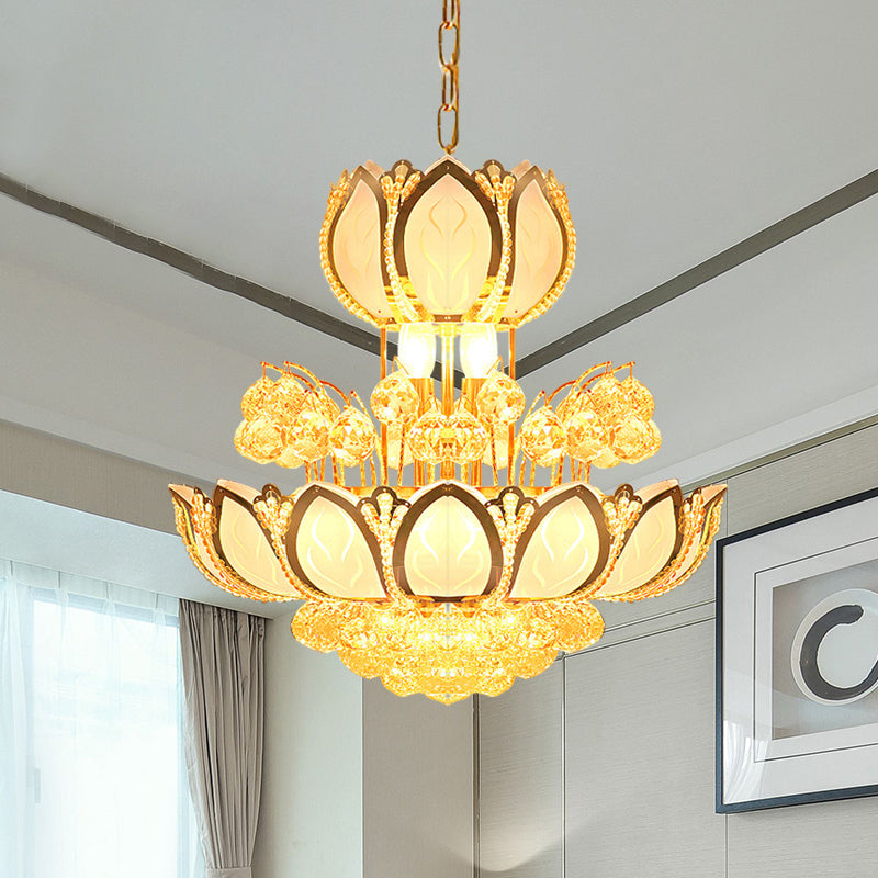 Lotus Blossom Restaurant Chandelier Modern Crystal 8 Heads Gold Finish Hanging Pendant Light Gold Clearhalo 'Ceiling Lights' 'Chandeliers' Lighting' options 923883_d6cad354-554b-492d-8cb5-a4357fbb8ea6