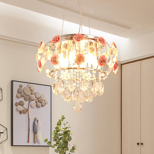 Chrome Drum Cage Pendant Chandelier Modern Metal 6 Bulbs Dining Table Suspension Lamp with Pink Rose and Crystal Drape Chrome Clearhalo 'Ceiling Lights' 'Chandeliers' 'Modern Chandeliers' 'Modern' Lighting' 923887