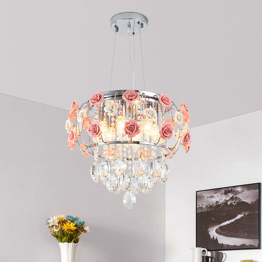 Chrome Drum Cage Pendant Chandelier Modern Metal 6 Bulbs Dining Table Suspension Lamp with Pink Rose and Crystal Drape Clearhalo 'Ceiling Lights' 'Chandeliers' 'Modern Chandeliers' 'Modern' Lighting' 923888