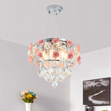 Chrome Drum Cage Pendant Chandelier Modern Metal 6 Bulbs Dining Table Suspension Lamp with Pink Rose and Crystal Drape Clearhalo 'Ceiling Lights' 'Chandeliers' 'Modern Chandeliers' 'Modern' Lighting' 923888