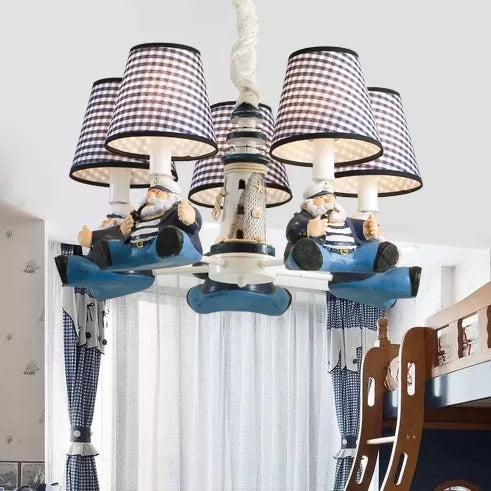 Nautical Style Captain Chandelier with Plaid Shade Metal 5 Lights Blue Pendant Light for Kids Bedroom Clearhalo 'Ceiling Lights' 'Chandeliers' Lighting' options 92389
