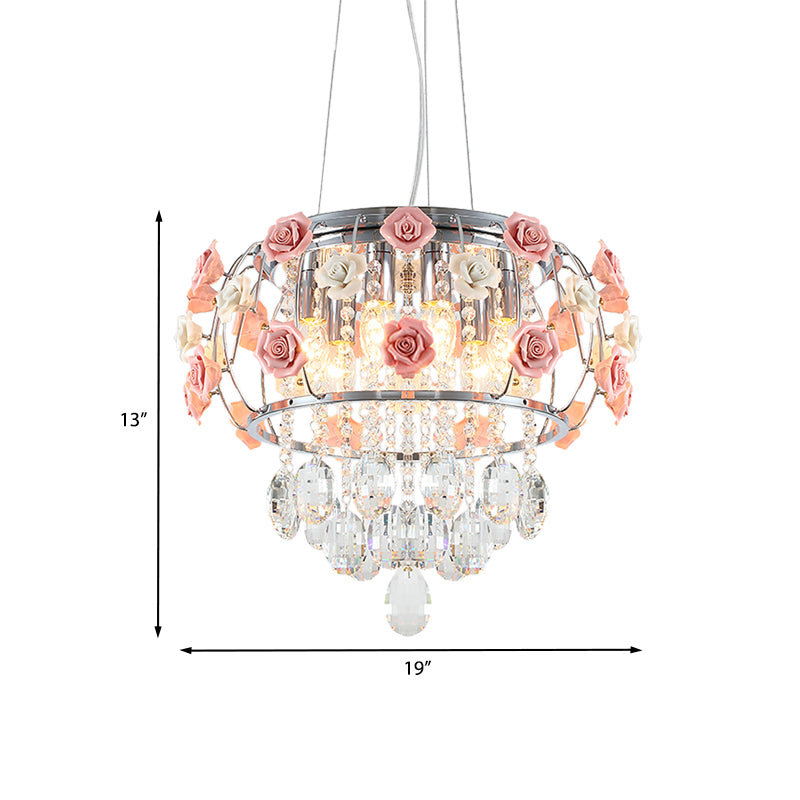 Chrome Drum Cage Pendant Chandelier Modern Metal 6 Bulbs Dining Table Suspension Lamp with Pink Rose and Crystal Drape Clearhalo 'Ceiling Lights' 'Chandeliers' 'Modern Chandeliers' 'Modern' Lighting' 923890