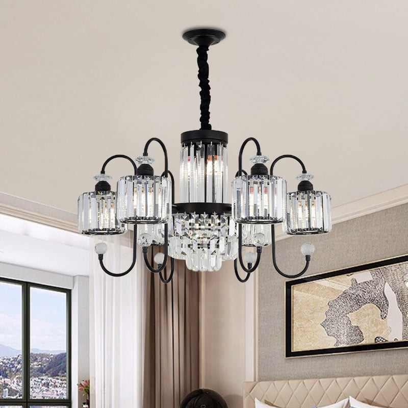 Black 6 Lights Suspension Lighting Modern Crystal Cylindrical Chandelier with Oval Arm Clearhalo 'Ceiling Lights' 'Chandeliers' Lighting' options 923895