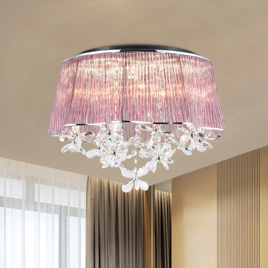 Crystal Rods Pink Ceiling Lamp Scalloped Drum Shade 3-Light Modernist Flush Mount Light with Flower Drops Pink Clearhalo 'Ceiling Lights' 'Close To Ceiling Lights' 'Close to ceiling' 'Flush mount' Lighting' 923903