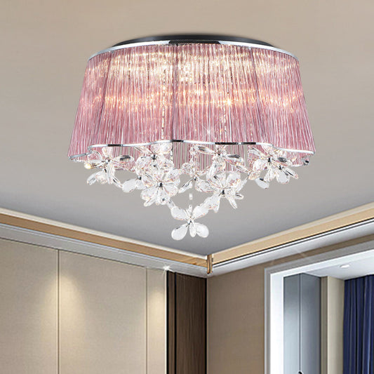 Crystal Rods Pink Ceiling Lamp Scalloped Drum Shade 3-Light Modernist Flush Mount Light with Flower Drops Clearhalo 'Ceiling Lights' 'Close To Ceiling Lights' 'Close to ceiling' 'Flush mount' Lighting' 923904