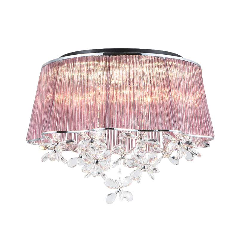 Crystal Rods Pink Ceiling Lamp Scalloped Drum Shade 3-Light Modernist Flush Mount Light with Flower Drops Clearhalo 'Ceiling Lights' 'Close To Ceiling Lights' 'Close to ceiling' 'Flush mount' Lighting' 923905