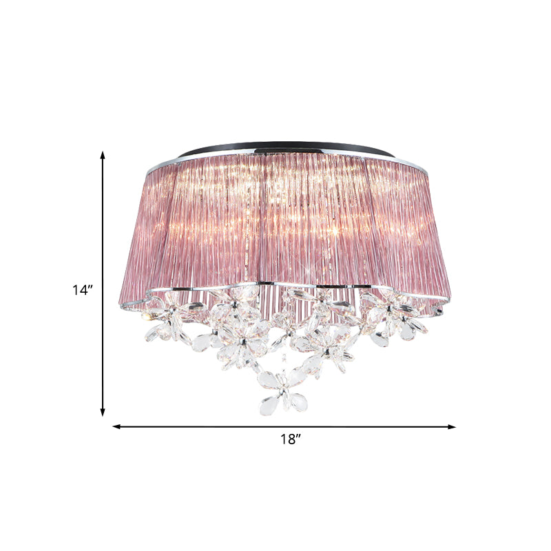 Crystal Rods Pink Ceiling Lamp Scalloped Drum Shade 3-Light Modernist Flush Mount Light with Flower Drops Clearhalo 'Ceiling Lights' 'Close To Ceiling Lights' 'Close to ceiling' 'Flush mount' Lighting' 923906