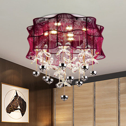 Red Drum Flushmount Lamp Romantic Modern Fabric Bedroom LED Ceiling Light with Dangling Crystals Red Clearhalo 'Ceiling Lights' 'Close To Ceiling Lights' 'Close to ceiling' 'Flush mount' Lighting' 923907