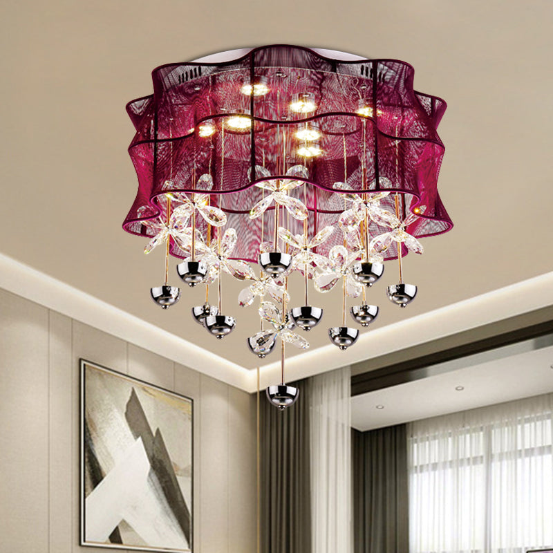 Red Drum Flushmount Lamp Romantic Modern Fabric Bedroom LED Ceiling Light with Dangling Crystals Clearhalo 'Ceiling Lights' 'Close To Ceiling Lights' 'Close to ceiling' 'Flush mount' Lighting' 923908