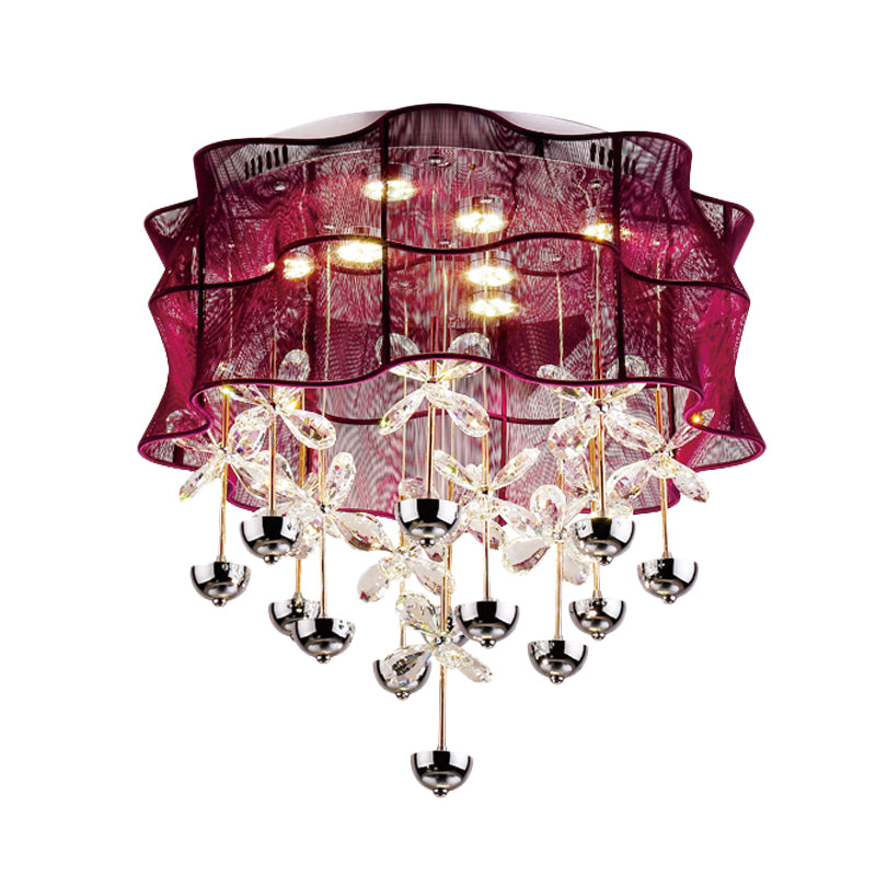 Red Drum Flushmount Lamp Romantic Modern Fabric Bedroom LED Ceiling Light with Dangling Crystals Clearhalo 'Ceiling Lights' 'Close To Ceiling Lights' 'Close to ceiling' 'Flush mount' Lighting' 923909