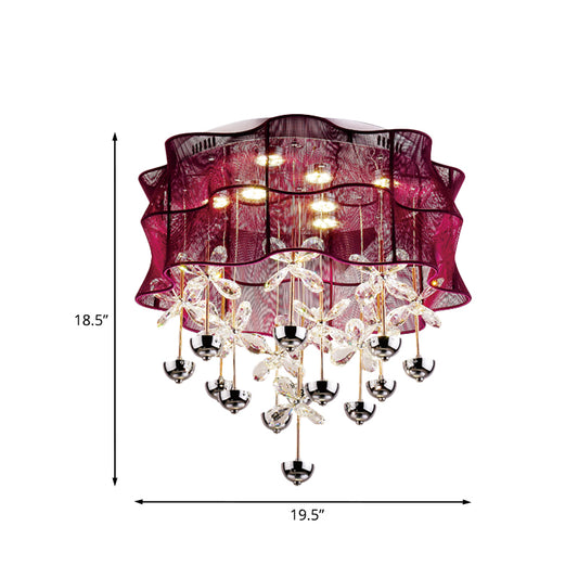 Red Drum Flushmount Lamp Romantic Modern Fabric Bedroom LED Ceiling Light with Dangling Crystals Clearhalo 'Ceiling Lights' 'Close To Ceiling Lights' 'Close to ceiling' 'Flush mount' Lighting' 923910