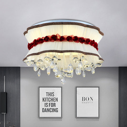 Pleated Fabric Bouquet Flush Mount Modern Style Bedroom LED Ceiling Lighting in Beige with Red Rose and Crystal Drops Beige Clearhalo 'Ceiling Lights' 'Close To Ceiling Lights' 'Close to ceiling' 'Flush mount' Lighting' 923923