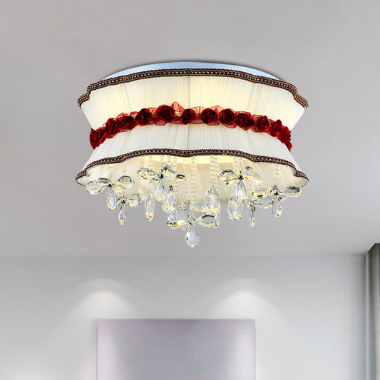 Pleated Fabric Bouquet Flush Mount Modern Style Bedroom LED Ceiling Lighting in Beige with Red Rose and Crystal Drops Clearhalo 'Ceiling Lights' 'Close To Ceiling Lights' 'Close to ceiling' 'Flush mount' Lighting' 923924