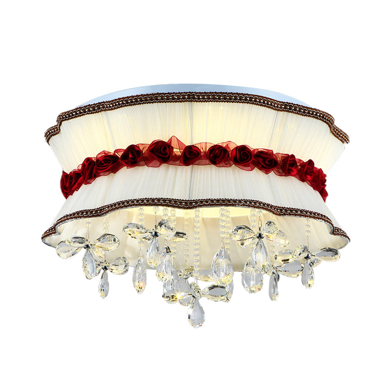 Pleated Fabric Bouquet Flush Mount Modern Style Bedroom LED Ceiling Lighting in Beige with Red Rose and Crystal Drops Clearhalo 'Ceiling Lights' 'Close To Ceiling Lights' 'Close to ceiling' 'Flush mount' Lighting' 923925
