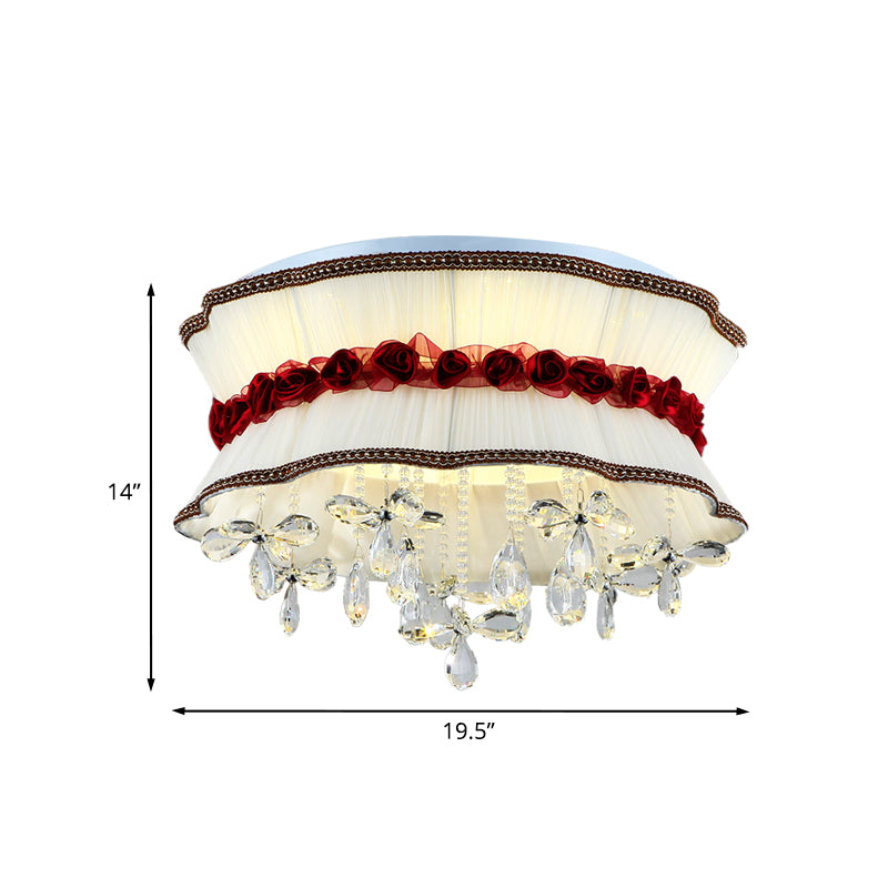Pleated Fabric Bouquet Flush Mount Modern Style Bedroom LED Ceiling Lighting in Beige with Red Rose and Crystal Drops Clearhalo 'Ceiling Lights' 'Close To Ceiling Lights' 'Close to ceiling' 'Flush mount' Lighting' 923926