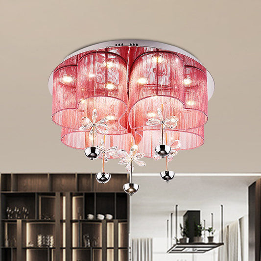 Pink/Gold Clover Flush Light Fixture Modern Romantic Fabric Parlor LED Ceiling Light with Crystal Flowers Pink Clearhalo 'Ceiling Lights' 'Close To Ceiling Lights' 'Close to ceiling' 'Flush mount' Lighting' 923927