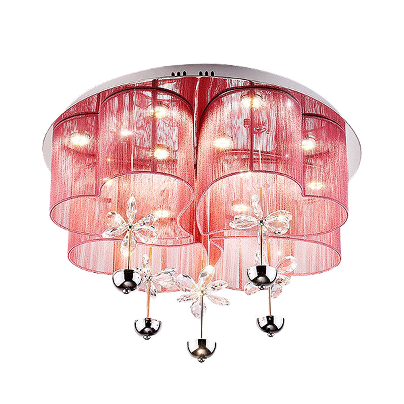 Pink/Gold Clover Flush Light Fixture Modern Romantic Fabric Parlor LED Ceiling Light with Crystal Flowers Clearhalo 'Ceiling Lights' 'Close To Ceiling Lights' 'Close to ceiling' 'Flush mount' Lighting' 923929