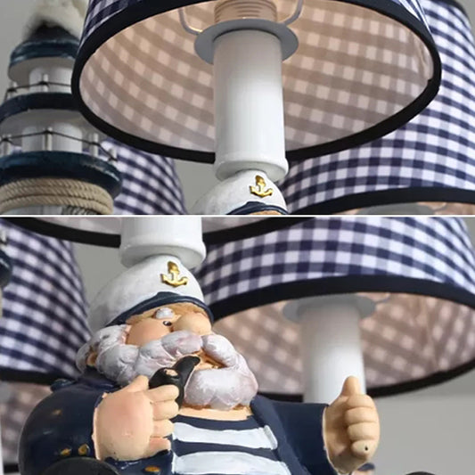 Nautical Style Captain Chandelier with Plaid Shade Metal 5 Lights Blue Pendant Light for Kids Bedroom Clearhalo 'Ceiling Lights' 'Chandeliers' Lighting' options 92392