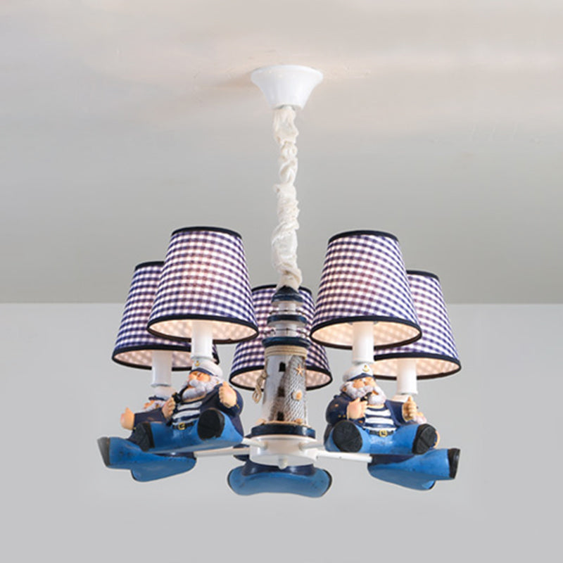 Nautical Style Captain Chandelier with Plaid Shade Metal 5 Lights Blue Pendant Light for Kids Bedroom Clearhalo 'Ceiling Lights' 'Chandeliers' Lighting' options 92393