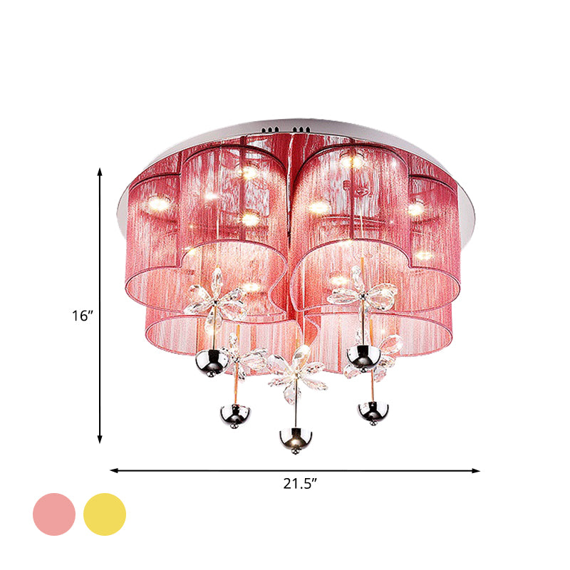 Pink/Gold Clover Flush Light Fixture Modern Romantic Fabric Parlor LED Ceiling Light with Crystal Flowers Clearhalo 'Ceiling Lights' 'Close To Ceiling Lights' 'Close to ceiling' 'Flush mount' Lighting' 923930