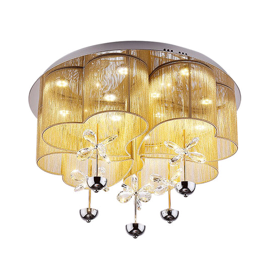 Pink/Gold Clover Flush Light Fixture Modern Romantic Fabric Parlor LED Ceiling Light with Crystal Flowers Clearhalo 'Ceiling Lights' 'Close To Ceiling Lights' 'Close to ceiling' 'Flush mount' Lighting' 923934