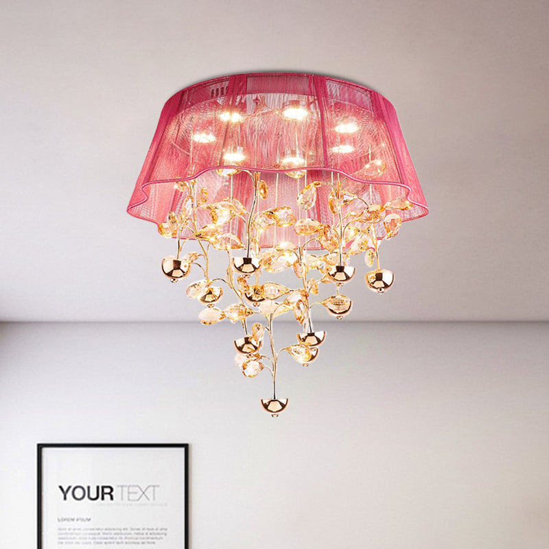 Silver/Pink Scalloped Ceiling Flush Modernist Fabric Bedroom LED Flush Mounted Lamp with Crystal Tree Design Pink Clearhalo 'Ceiling Lights' 'Close To Ceiling Lights' 'Close to ceiling' 'Flush mount' Lighting' 923939
