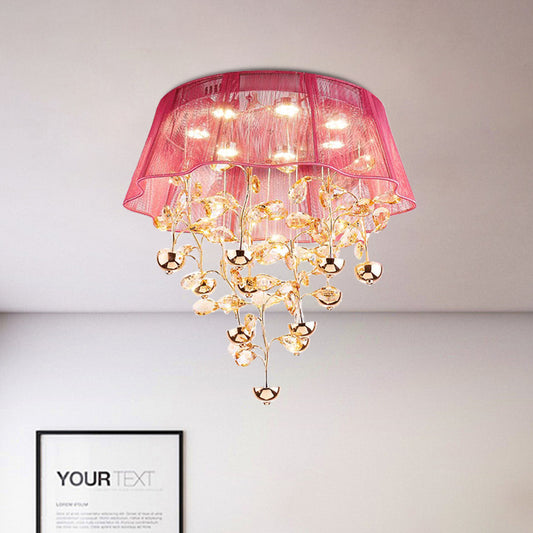 Silver/Pink Scalloped Ceiling Flush Modernist Fabric Bedroom LED Flush Mounted Lamp with Crystal Tree Design Pink Clearhalo 'Ceiling Lights' 'Close To Ceiling Lights' 'Close to ceiling' 'Flush mount' Lighting' 923939