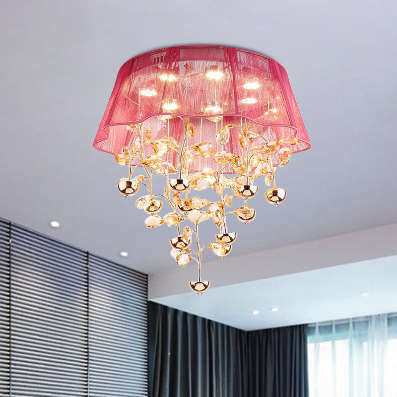 Silver/Pink Scalloped Ceiling Flush Modernist Fabric Bedroom LED Flush Mounted Lamp with Crystal Tree Design Clearhalo 'Ceiling Lights' 'Close To Ceiling Lights' 'Close to ceiling' 'Flush mount' Lighting' 923940