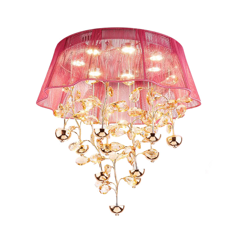 Silver/Pink Scalloped Ceiling Flush Modernist Fabric Bedroom LED Flush Mounted Lamp with Crystal Tree Design Clearhalo 'Ceiling Lights' 'Close To Ceiling Lights' 'Close to ceiling' 'Flush mount' Lighting' 923941