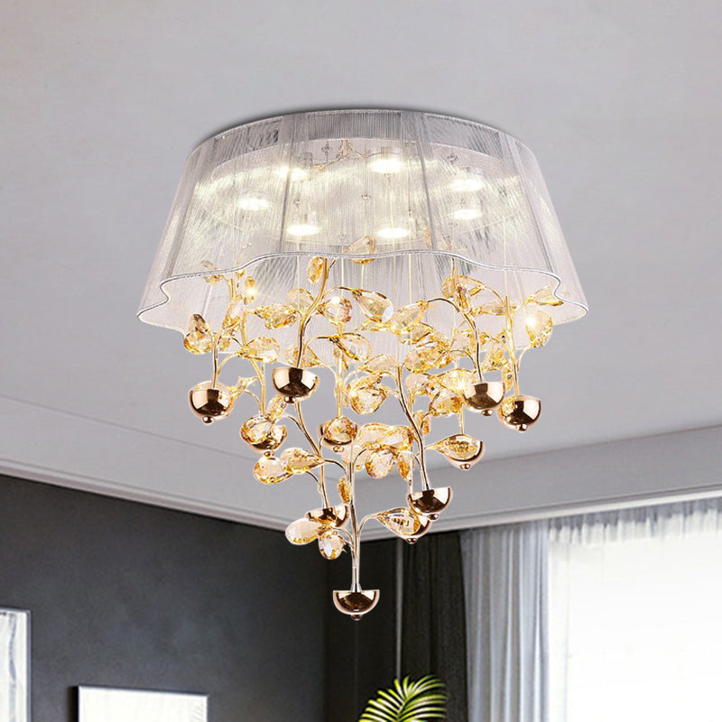 Silver/Pink Scalloped Ceiling Flush Modernist Fabric Bedroom LED Flush Mounted Lamp with Crystal Tree Design Silver Clearhalo 'Ceiling Lights' 'Close To Ceiling Lights' 'Close to ceiling' 'Flush mount' Lighting' 923943