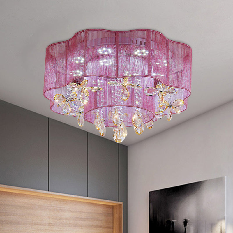 Gold/Pink LED Ceiling Fixture Modern 2-Layer Flower Fabric Flush Mount Lamp with Crystal Drops Clearhalo 'Ceiling Lights' 'Close To Ceiling Lights' 'Close to ceiling' 'Flush mount' Lighting' 923968