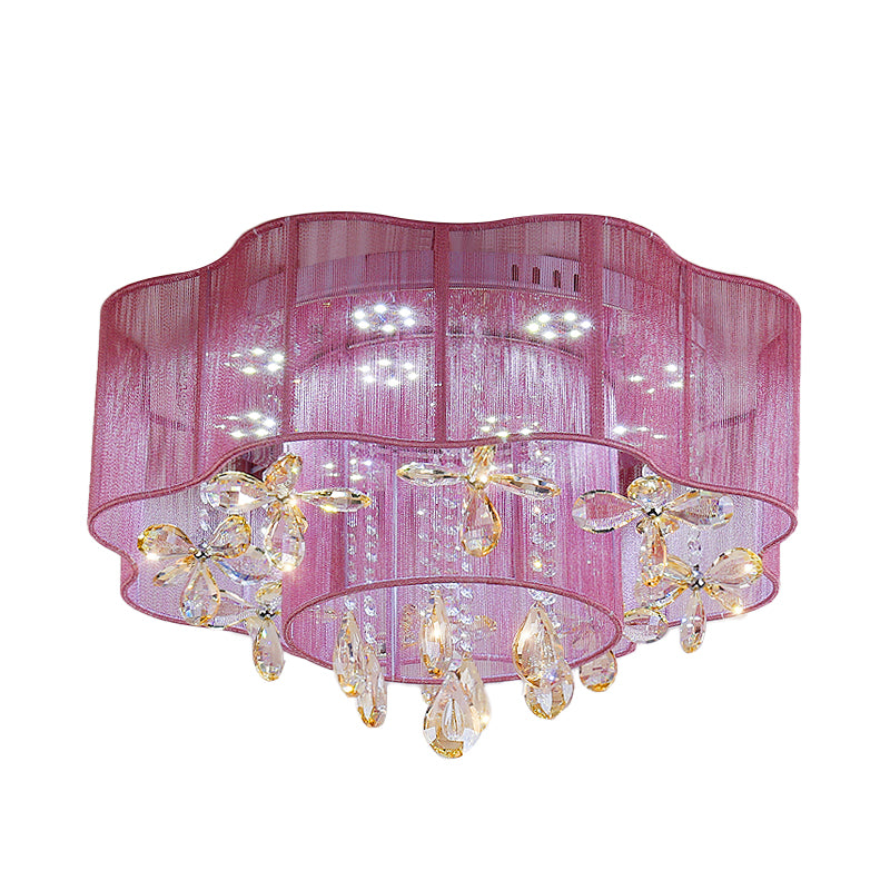 Gold/Pink LED Ceiling Fixture Modern 2-Layer Flower Fabric Flush Mount Lamp with Crystal Drops Clearhalo 'Ceiling Lights' 'Close To Ceiling Lights' 'Close to ceiling' 'Flush mount' Lighting' 923969