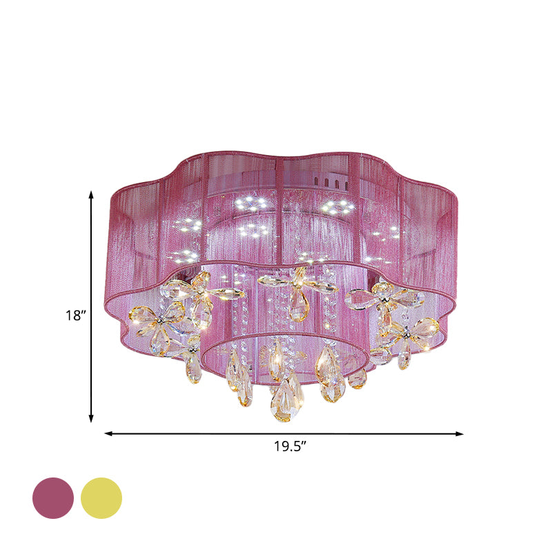 Gold/Pink LED Ceiling Fixture Modern 2-Layer Flower Fabric Flush Mount Lamp with Crystal Drops Clearhalo 'Ceiling Lights' 'Close To Ceiling Lights' 'Close to ceiling' 'Flush mount' Lighting' 923970