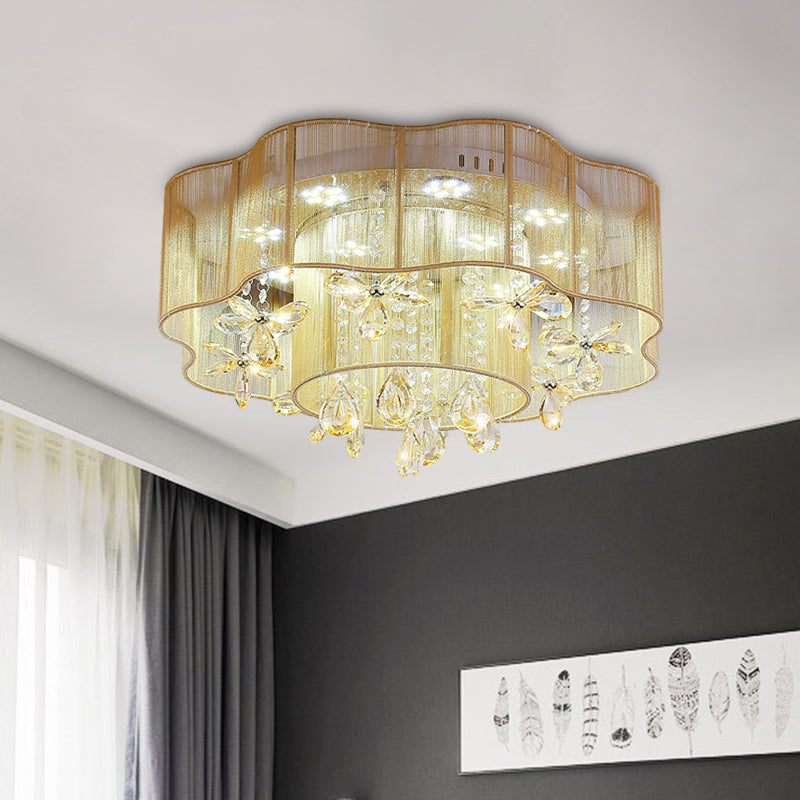 Gold/Pink LED Ceiling Fixture Modern 2-Layer Flower Fabric Flush Mount Lamp with Crystal Drops Clearhalo 'Ceiling Lights' 'Close To Ceiling Lights' 'Close to ceiling' 'Flush mount' Lighting' 923972