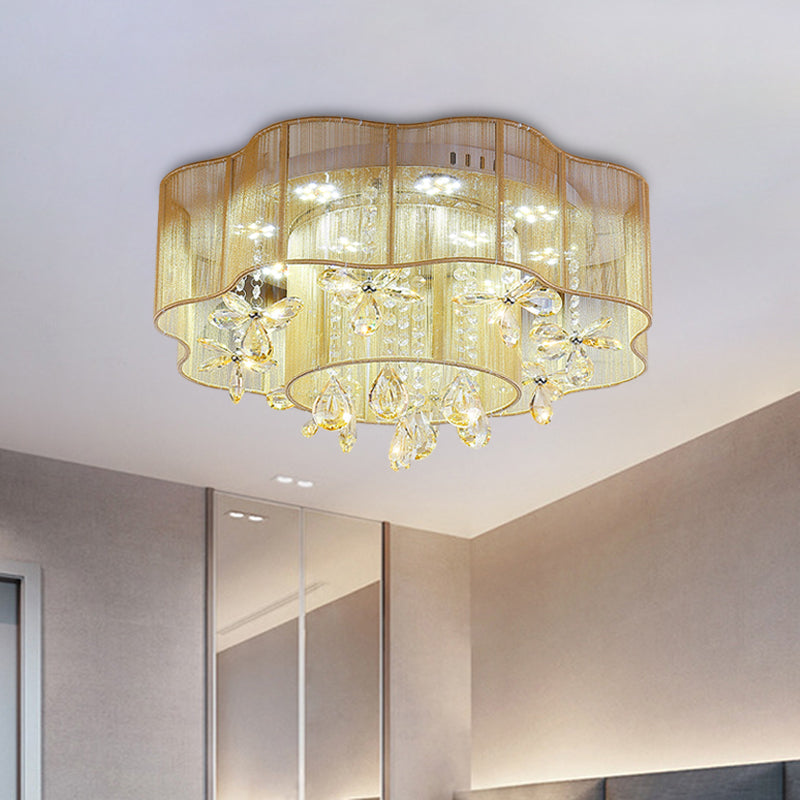 Gold/Pink LED Ceiling Fixture Modern 2-Layer Flower Fabric Flush Mount Lamp with Crystal Drops Clearhalo 'Ceiling Lights' 'Close To Ceiling Lights' 'Close to ceiling' 'Flush mount' Lighting' 923973