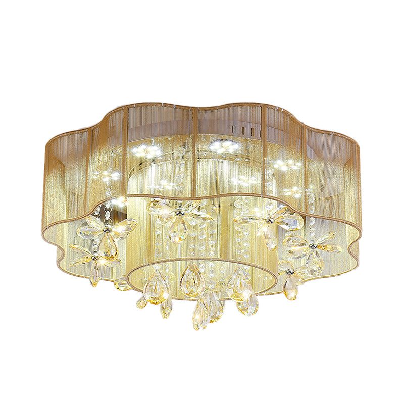 Gold/Pink LED Ceiling Fixture Modern 2-Layer Flower Fabric Flush Mount Lamp with Crystal Drops Clearhalo 'Ceiling Lights' 'Close To Ceiling Lights' 'Close to ceiling' 'Flush mount' Lighting' 923974