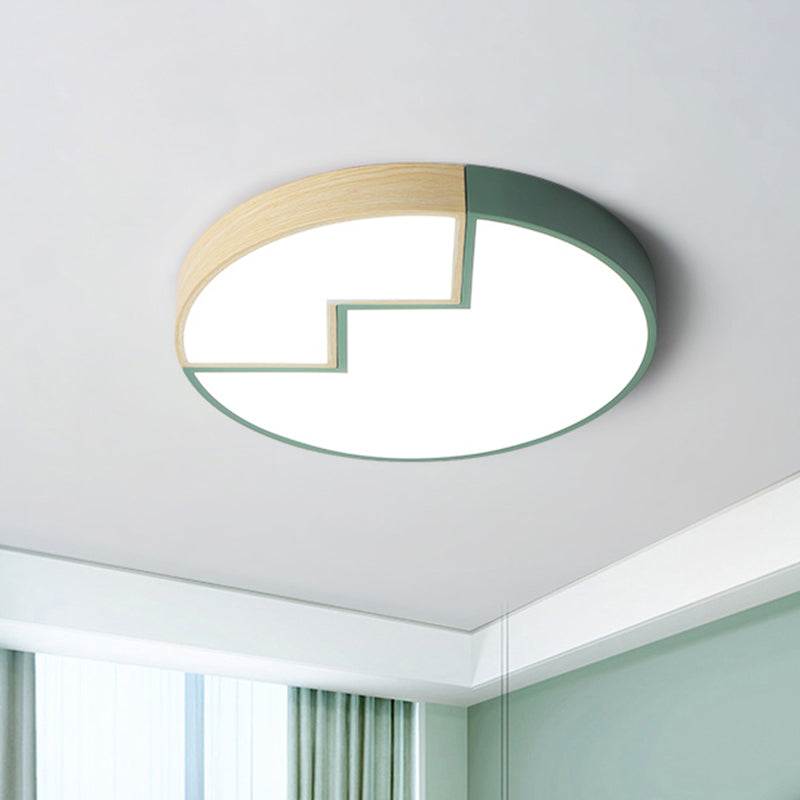 Splicing Round Bedroom Flush Lighting Iron LED Macaron Flush Mounted Lamp in Grey/Green and Wood Green Clearhalo 'Ceiling Lights' 'Close To Ceiling Lights' 'Close to ceiling' 'Flush mount' Lighting' 923995