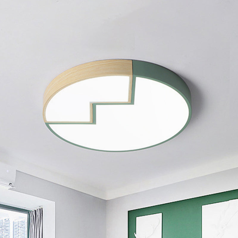 Splicing Round Bedroom Flush Lighting Iron LED Macaron Flush Mounted Lamp in Grey/Green and Wood Clearhalo 'Ceiling Lights' 'Close To Ceiling Lights' 'Close to ceiling' 'Flush mount' Lighting' 923997