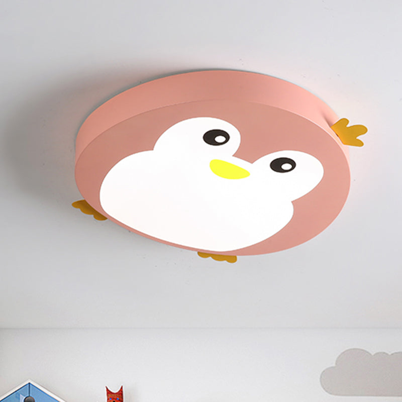 Cartoon Penguin Shape Flush Lamp Fixture Metallic LED Bedroom Ceiling Mounted Light in Blue/Pink Pink Clearhalo 'Ceiling Lights' 'Close To Ceiling Lights' 'Close to ceiling' 'Flush mount' Lighting' 924007