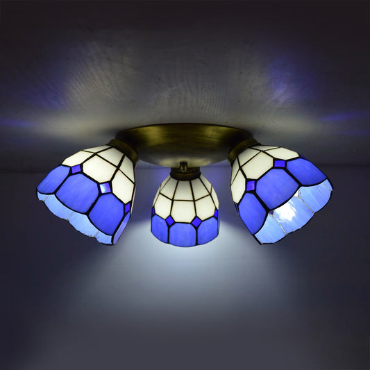 Tiffany Dome Ceiling Fixture Stained Glass 3 Lights Flush Mount Ceiling Light in Pink/Yellow/Orange/Sky Blue/Dark Blue for Dining Room Dark Blue Clearhalo 'Ceiling Lights' 'Chandeliers' 'Close To Ceiling Lights' 'Close to ceiling' 'Glass shade' 'Glass' 'Semi-flushmount' 'Tiffany close to ceiling' 'Tiffany' Lighting' 92592