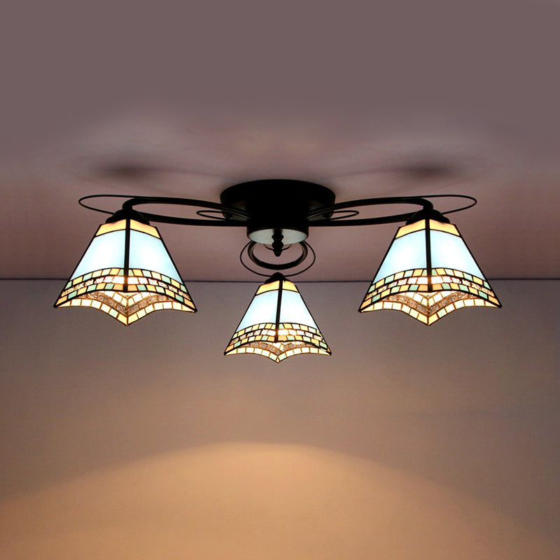 Geometric Flushmount Light Retro Style Stained Glass 3 Lights Flush Mount Ceiling Fixture in White/Sky Blue/Clear/Dark Blue for Bedroom Dark Blue Clearhalo 'Ceiling Lights' 'Close To Ceiling Lights' 'Close to ceiling' 'Glass shade' 'Glass' 'Semi-flushmount' 'Tiffany close to ceiling' 'Tiffany' Lighting' 92616