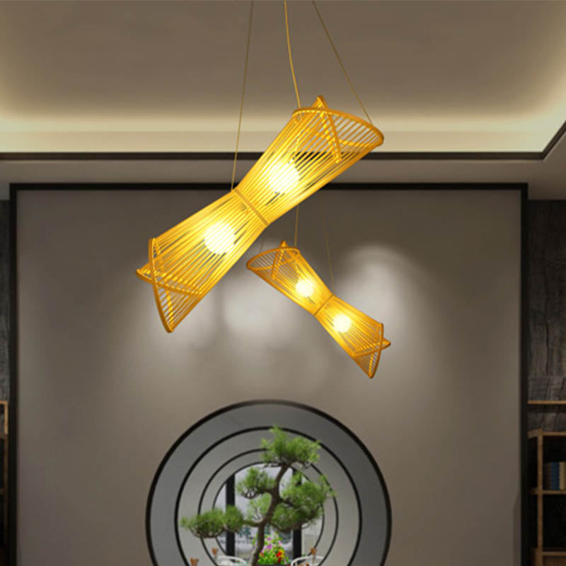 Bamboo Laser Cut Pendant Chandelier Asian Style 2 Heads Beige Suspension Lamp for Restaurant Clearhalo 'Ceiling Lights' 'Chandeliers' Lighting' options 926392