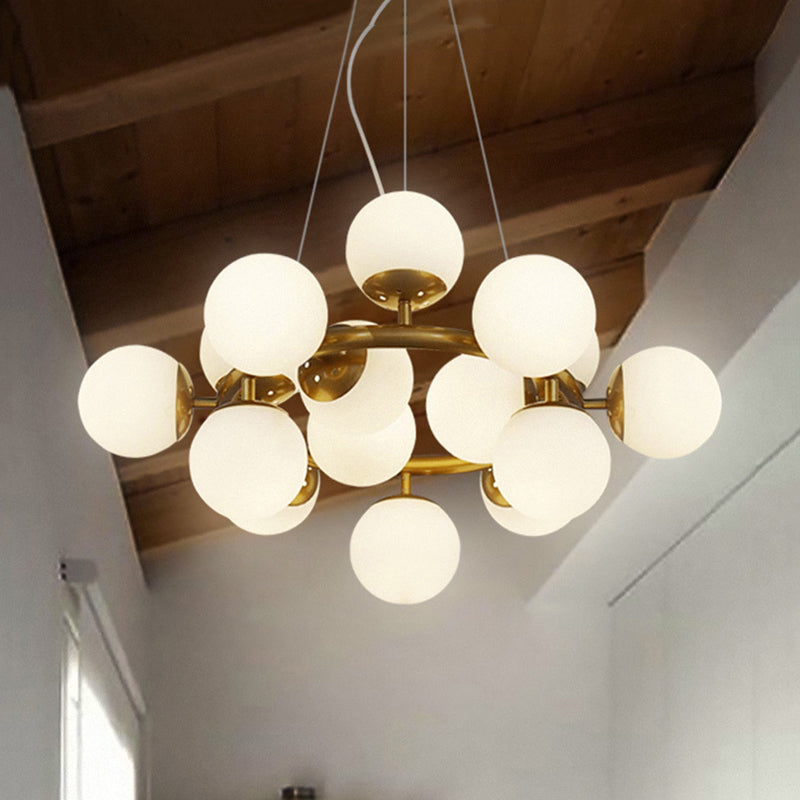 Gold Spherical Chandelier Modernist 15 Lights White Glass Hanging Pendant Light Gold Clearhalo 'Ceiling Lights' 'Chandeliers' 'Modern Chandeliers' 'Modern' Lighting' 926396