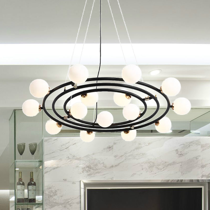 Contemporary Style 9/12/15 Lights Chandelier Black Round Suspension Light with Opal Glass Shade Clearhalo 'Ceiling Lights' 'Chandeliers' 'Modern Chandeliers' 'Modern' Lighting' 926399